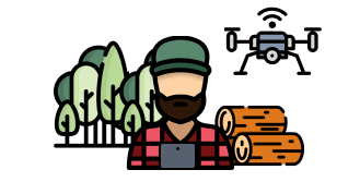 Ilustración silueta hombre con bosque, troncos de madera y dron de fondo